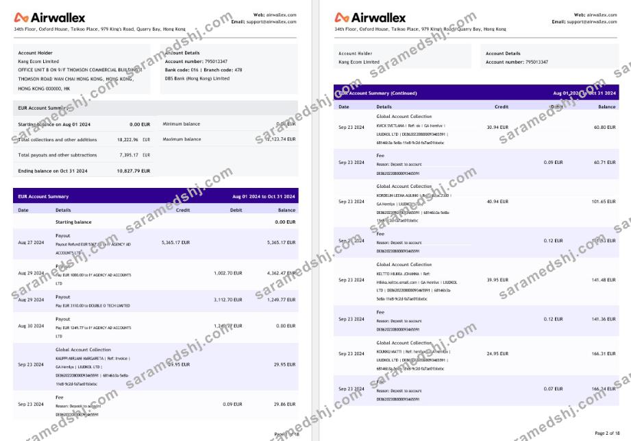 Hong Kong Airwallex Limited account statement, 18 pages